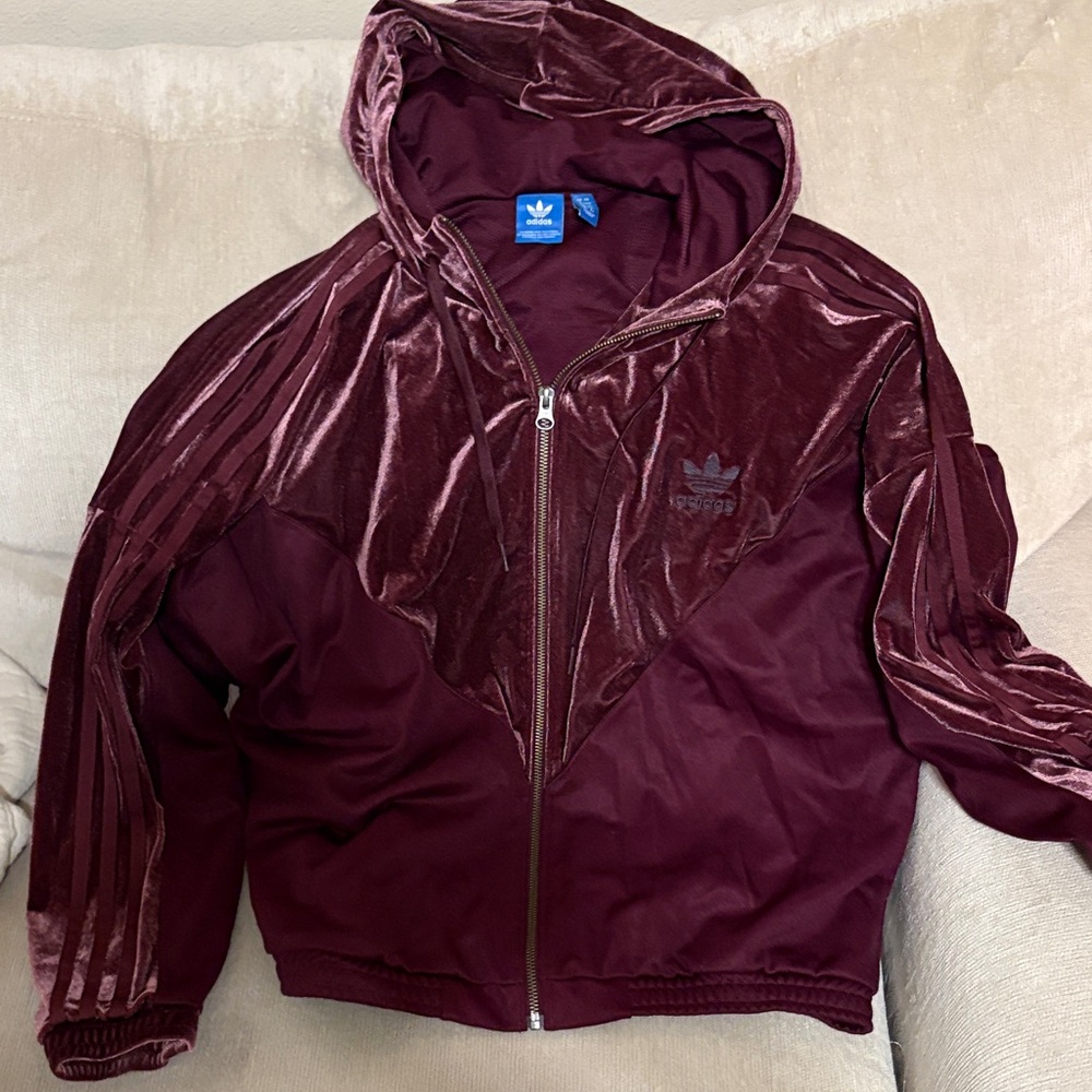 Adidas Maroon Velvet Zip-Up Hoodie